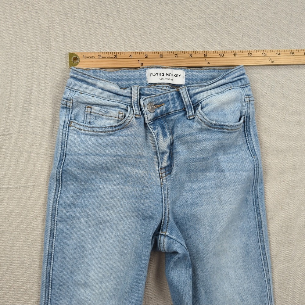 Flying Monkey Jeans Womens 23 Blue High Rise Flare Stretch Distressed Frayed - Picture 7 of 15